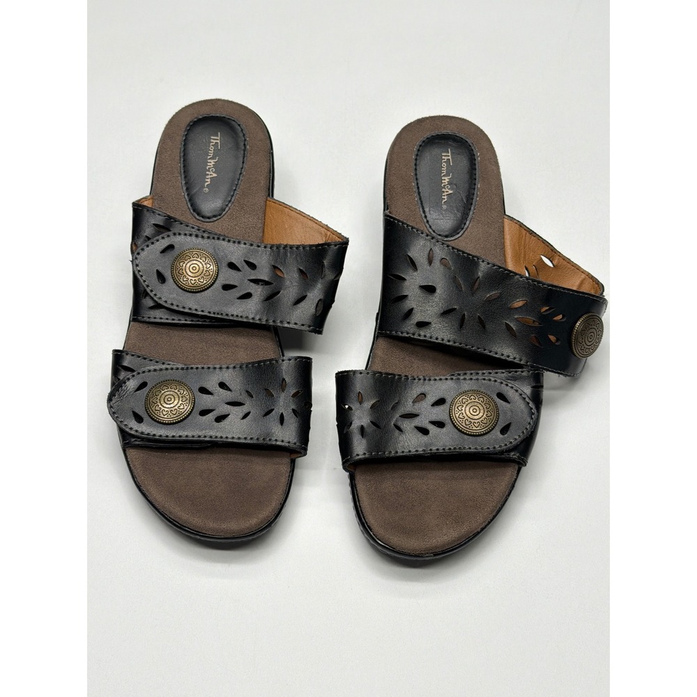 Thom McAn Black Leather Cutout Wedge Slides Women's Sandals Size 8.5 M